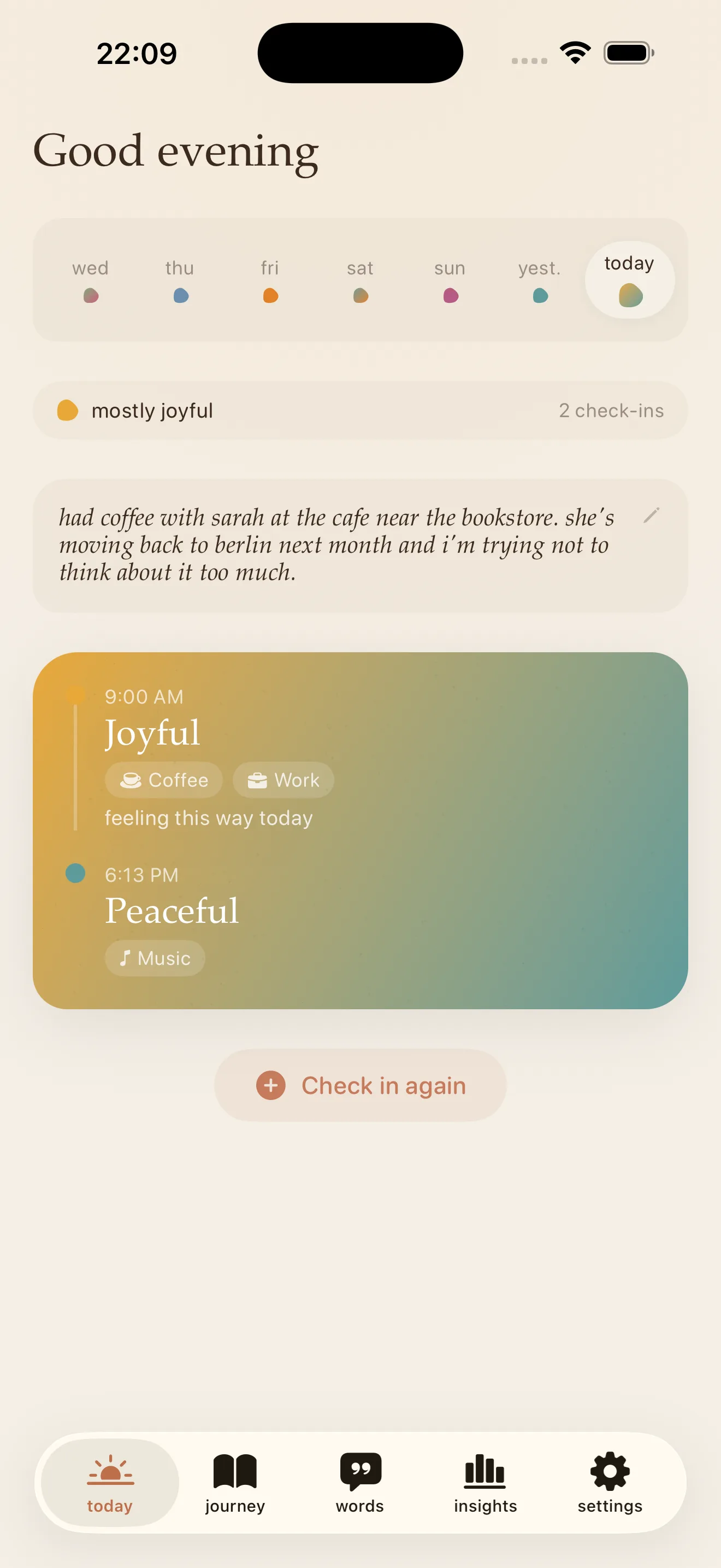 toody's Today screen: a 'Good evening' greeting, the week's mood dots, a handwritten-style journal entry, and two check-ins — Joyful in the morning, Peaceful in the evening.